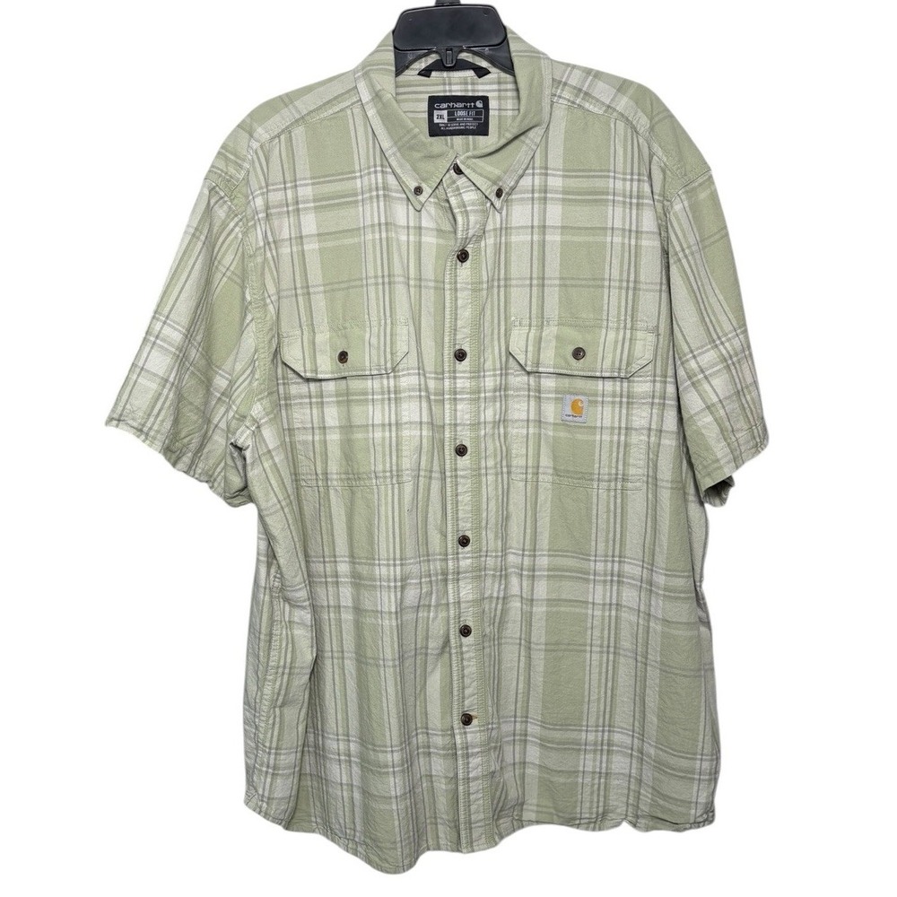 Carhartt Loose Fit Short Sleeve Green Plaid Button Up Shirt Men's Size 2XL